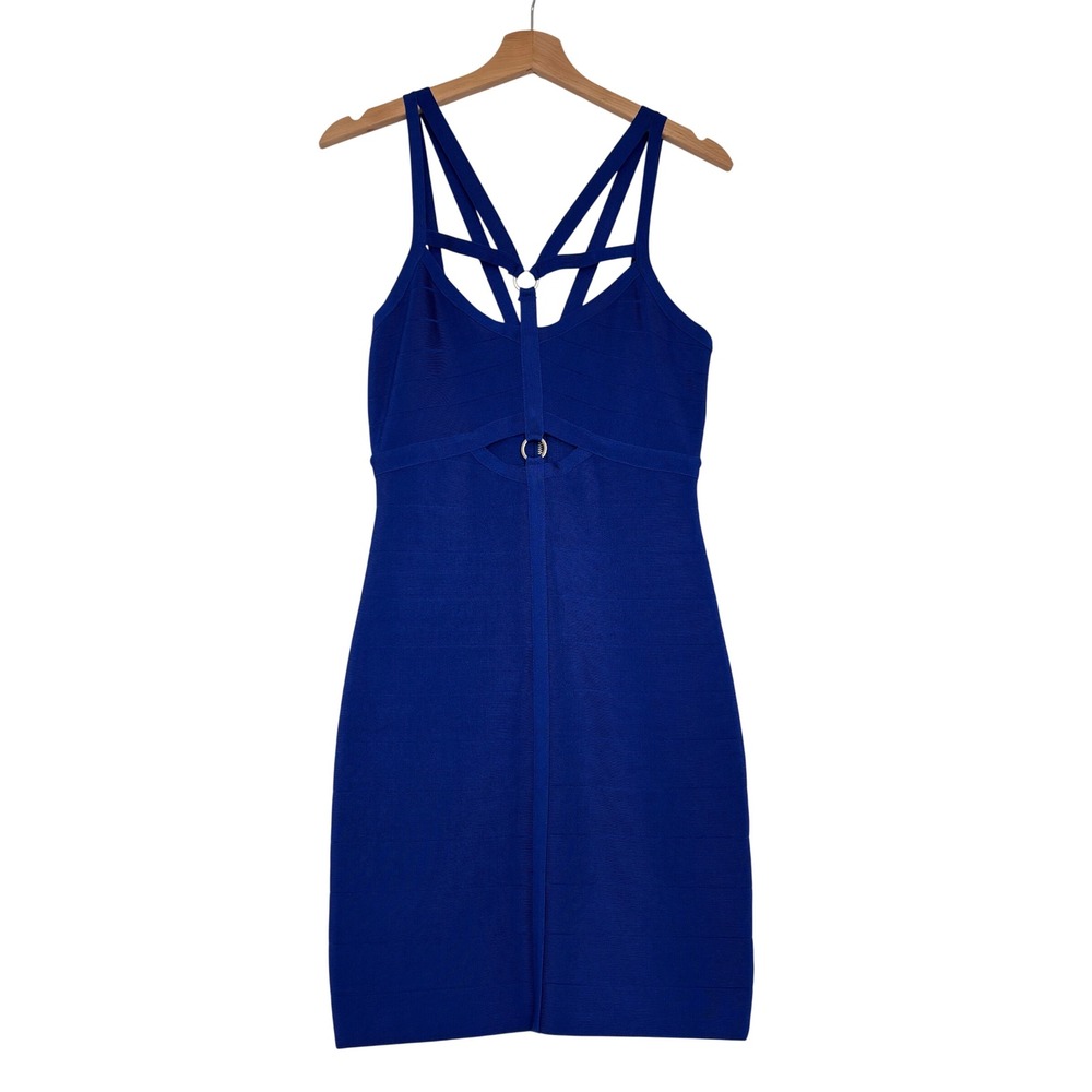 Y2K Bebe Royal Blue Bandage Mini Dress Strappy Cage Neck O-Ring Bodycon Large